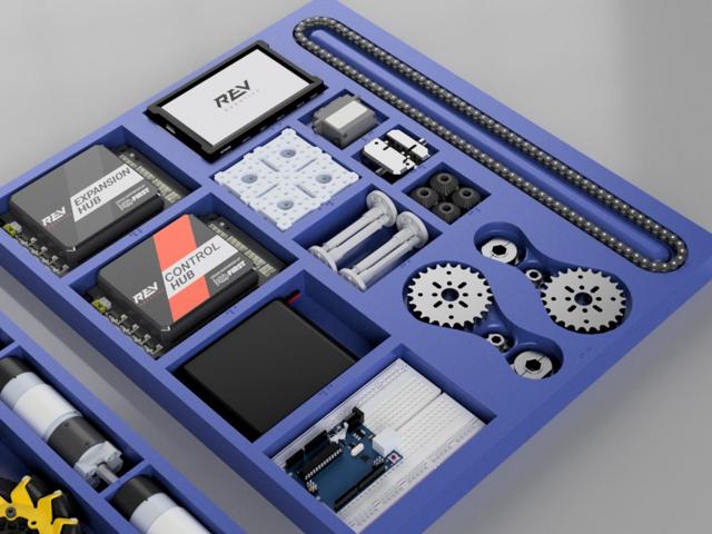 Close-up of bottom compartment — REV Control Hub, Expansion Hub, gears, chain, and Arduino board