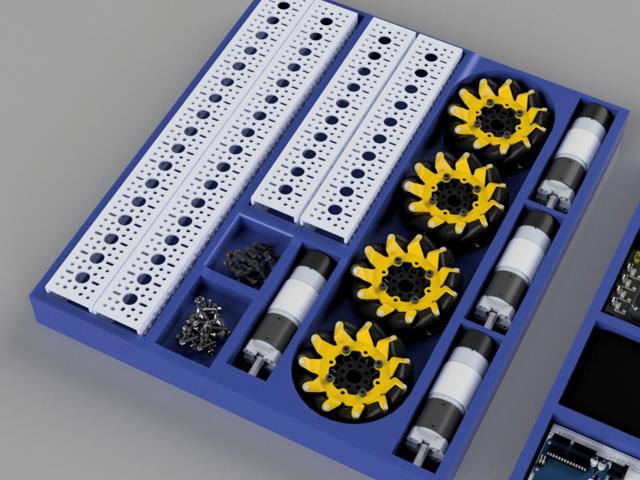 Close-up of top compartment — Braille panels, mecanum wheels, and motors